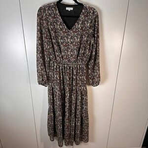 SweetSalt Womens Med Floral Midi Dress Long Sleeve Cottagecore Fall‎